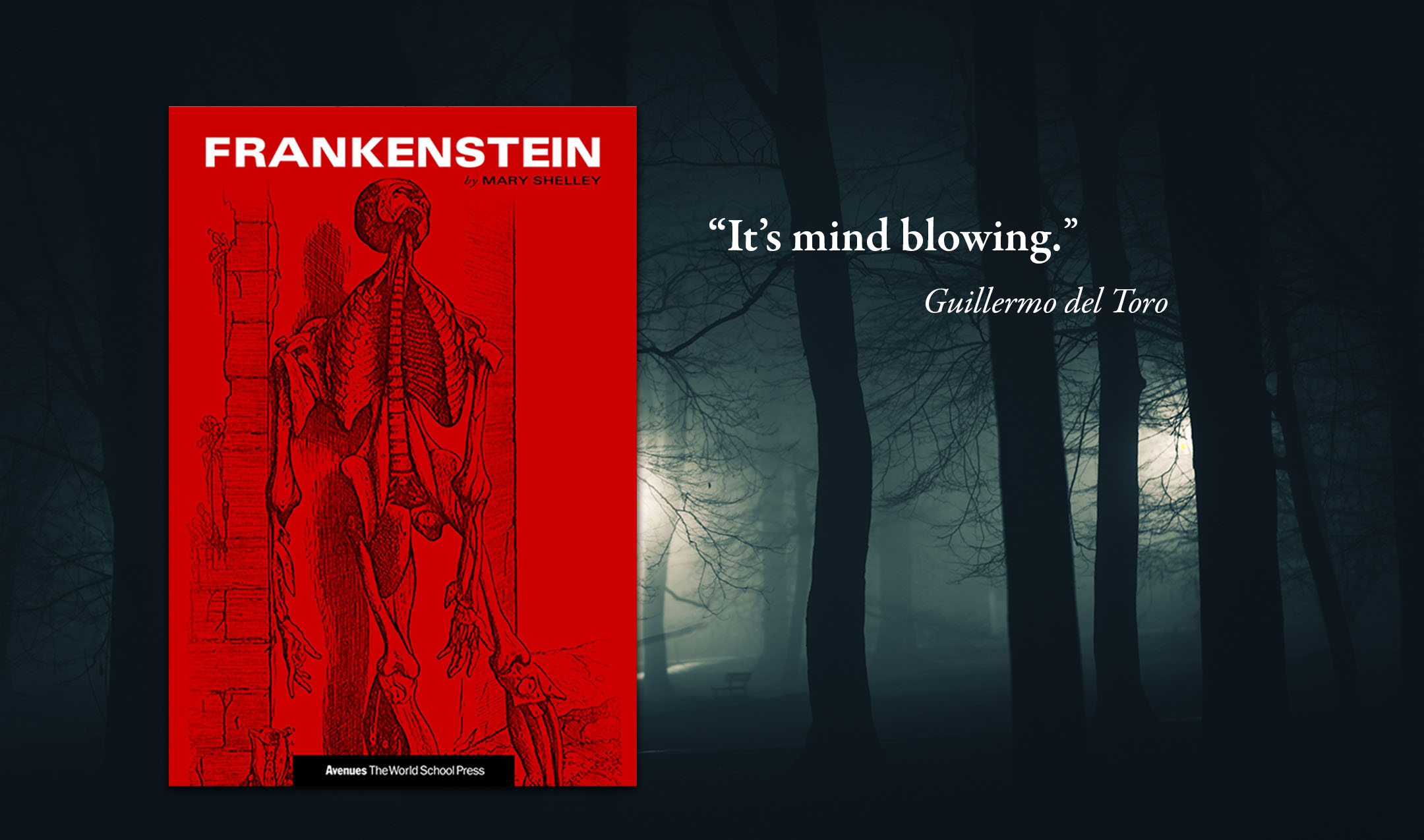 The book cover for Frankenstein, by Mary Shelley, appears in front of a gloomy forest landscape. A text overlay contains a quote from the filmmaker Guillermo del Toro that reads, “It’s mind-blowing.”