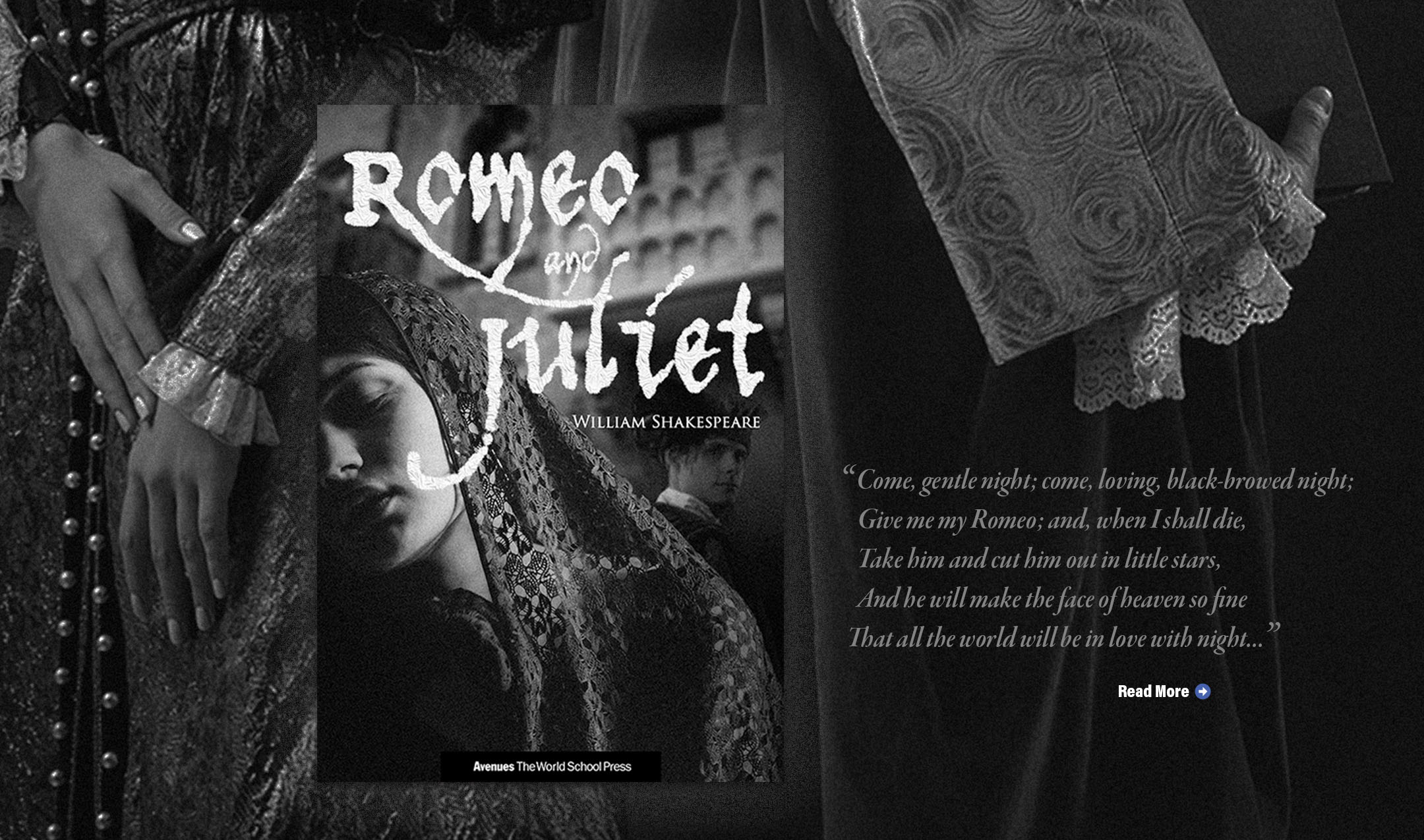 The book cover for Romeo and Juliet by William Shakespeare appears over an image showing the hands of a man and a woman in Renaissance clothing.